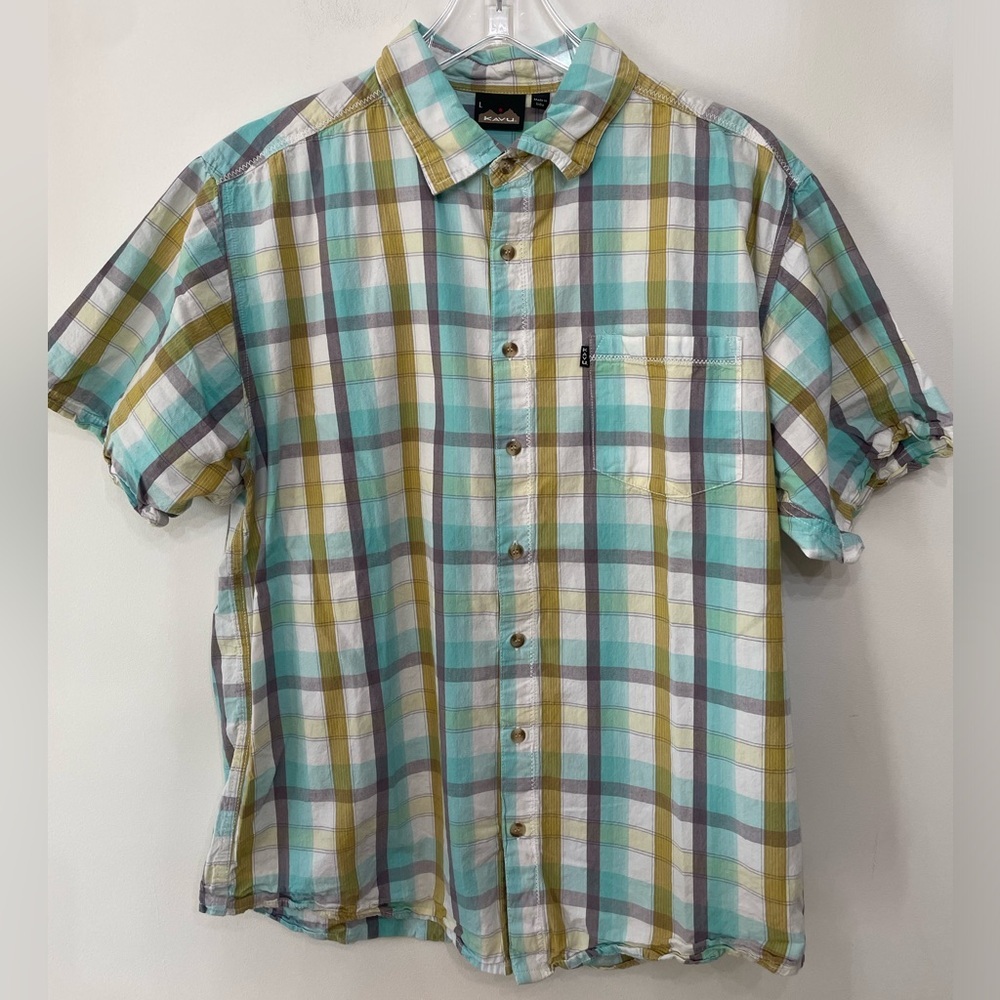 Kavu Men's Short Sleeve Plaid Cotton Button Down Shirt Blue Gold White Sz L